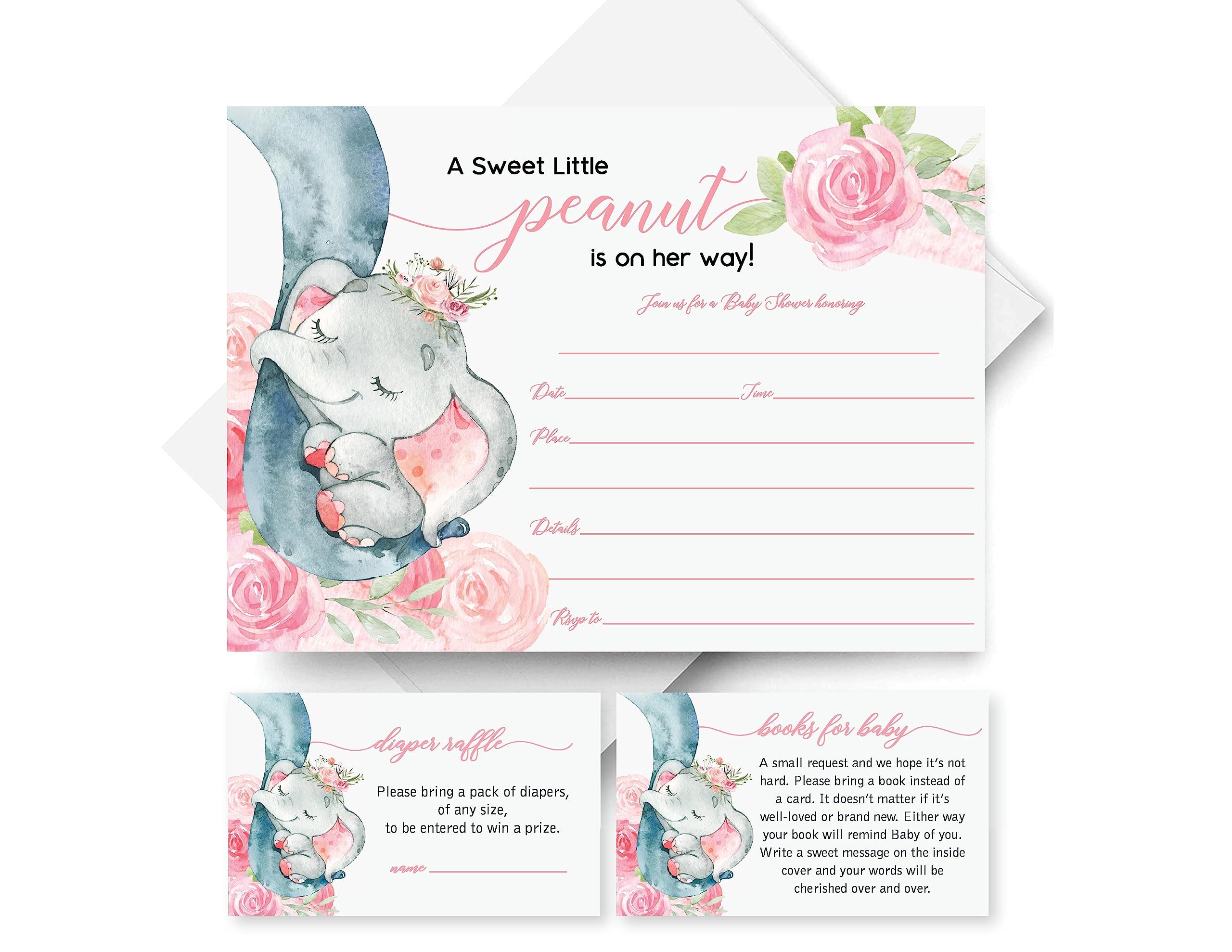 25 Boxed Pink Elephant Jungle Baby Shower Invitations and Envelopes (Large Size 5X7 INCHES), 25 Diaper Raffle Tickets, 25 Baby Shower Book Request Cards, Floral Elephant Animal Invites for Girl Baby Showers