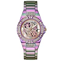 GUESS Ladies Trend Clear-Cut 39mm Watch – Glitz Dial with Iridescent Violet Stainless Steel Case & Bracelet