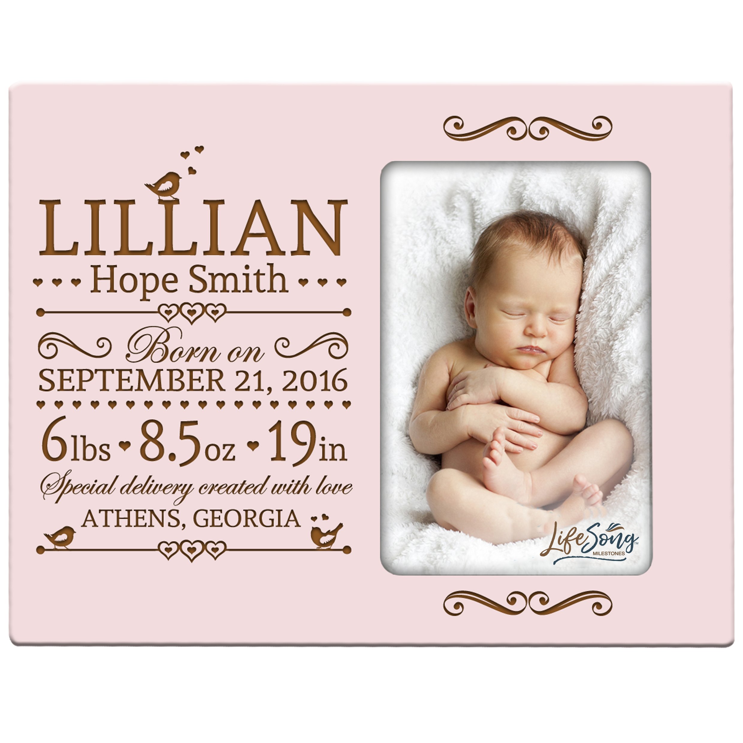 LifeSong Milestones Personalized New Baby birth announcement picture frame for newborn boys and girls Custom engraved photo frame for new mom and dad parents and grandparents (Pink)
