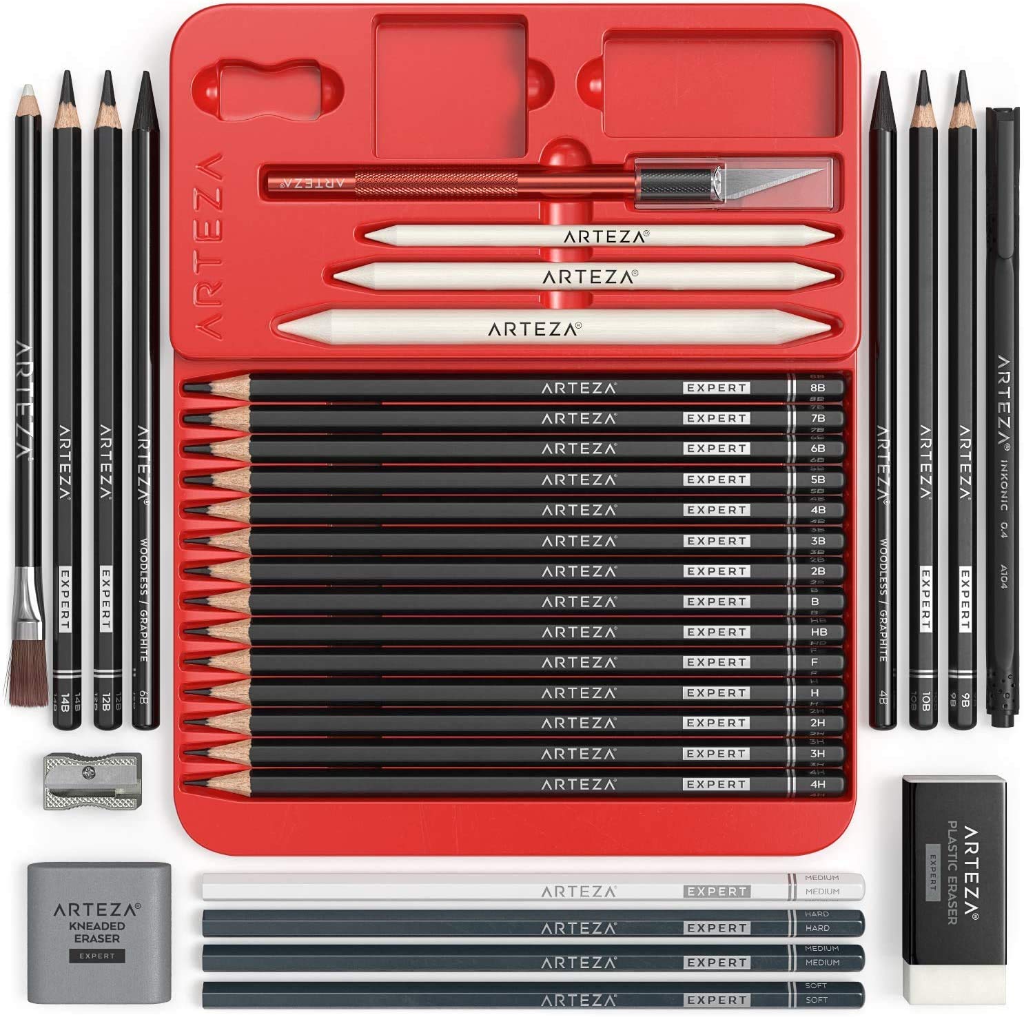 Arteza Drawing Set for Adults, Set of 33 Artist Sketching Tools, 20 Graphite & 4 Charcoal Sketch Pencils, 1 Fineliner, 3 Blenders, 1 Sharpener, 3 Erasers & 1 Hobby Knife, Art Supplies for Drawing