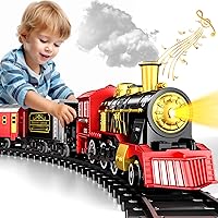 Train ElectricTrain Set with Retro Classic Locomotive Engine, Cargo Car and Long Track for Toddlers 3-5, Rechargeable Battery Operated Play Train Toys with Smoke, Light&Sounds, Gift for Kid