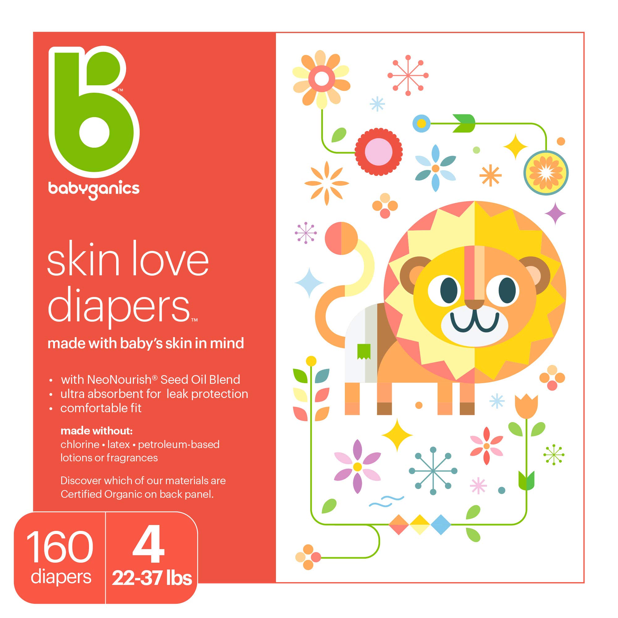Baby Diapers, Size 4 (22-37 lbs) 160 Count- Babyganics Ultra Absorbent, Unscented, Made without Chlorine, Latex