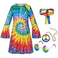 Hippie Costume for Girls 60s 70s Colorful Dress Kids Party Halloween Cosplay 2-12 Years