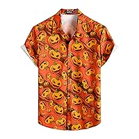 VATPAVE Mens Halloween Pumpkins Button Down Short Sleeve Shirts Casual Skull Shirt