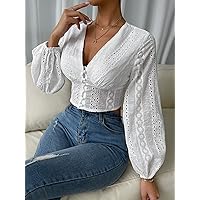 Womens Summer Tops Button Front Lantern Sleeve Eyelet Embroidery Crop Top (Color : White, Size : X-Small)