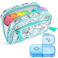 Weekly Pill Organizer 7 Day 2 Times a Day with Floral Printed Bag, Pill Box Case with a Lightproof Canvas Bag, BPA-Free AM PM Pill Holder for Vitamin, Supplement, Medication, Fish Oil