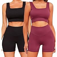 FINETOO Workout Sets for Women 4 Pieces Ribbed Crop Tank Shorts Active Gym Exercise High Waisted Sports Yoga Outfit S-L
