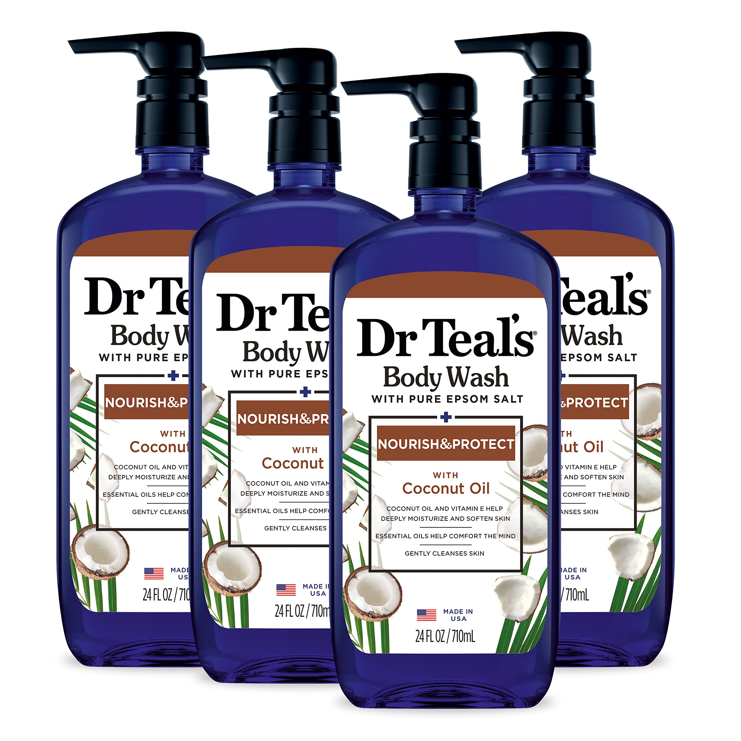 Dr Teal's Body Wash with Pure Epsom Salt, with Coconut Oil, 24 fl oz (Pack of 4) (Packaging May Vary)