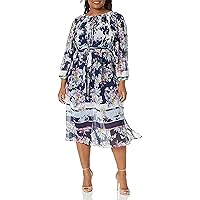 Taylor Dresses Women's Plus Size Long Sleeve Floral Print Maxi Dress, Navy Cayman Blue, 16W