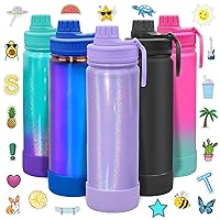 CHILLOUT LIFE 22 oz Kids Insulated Water Bottle for School with Leakproof Spout Lid and Cute Waterproof Stickers, Personalized Stainless Steel Thermos Flask Metal Water Bottle, Purple Sparkle
