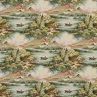 J9600A Multi Colored Cabin in The Wilderness with Mountains Woven Decorative Novelty Upholstery Fabric by The Yard