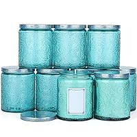 9 Sun Moon Stars Embossed Glass Candle Container with Lid and Labels - 8 oz (Blue)