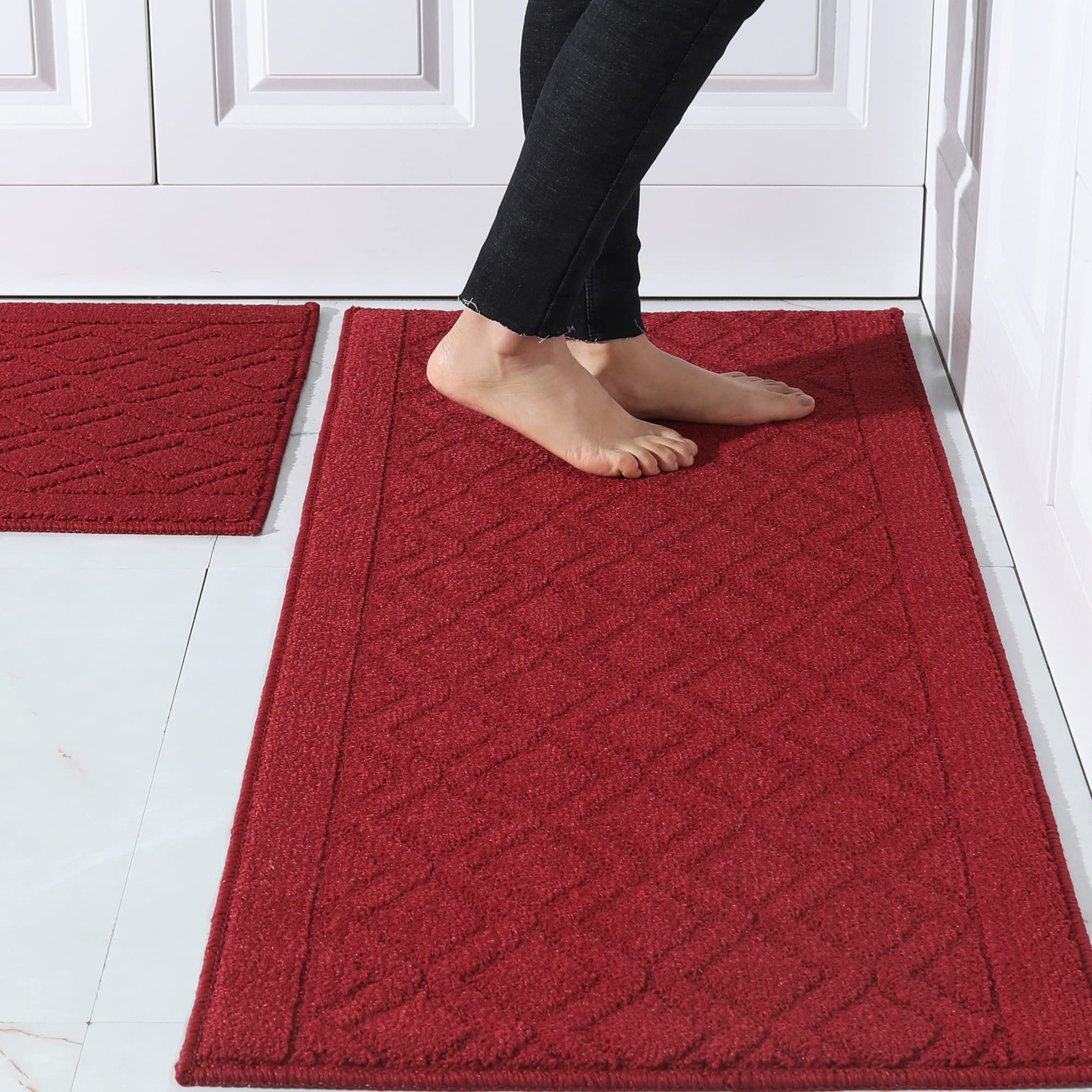 48x20 Inch/30X20 Inch Kitchen Rug Mats Made of 100% Polypropylene 2 Pieces Soft Kitchen Mat Specialized in Anti Slippery and Machine Washable,red