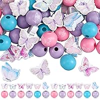 180 Pcs Spring Wooden Beads, 16mm Pink Purple Butterfly Wooden Craft Beads Round Flat Polished Wood Beads Bulk with Rope Clear Box for DIY Crafts Jewelry Making Home Decorations