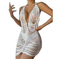 Women's Sexy Halter Neck Lingerie Backless See-Through Dress Ladies Solid Babydoll Sleepwear Nightgown for Women