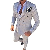 Men's Plaid Business Double-Breasted 2-Piece Suit Slim Fit Wedding Blazer Jacket Tux Suit Casual Notched Lapel Suit