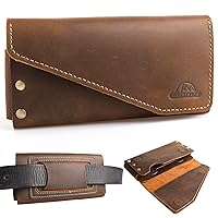Topstache Leather Phone Holster with Belt Loop, Magnetic Closure Cell Phone Pouch Card Holder Wallet, Handmade Leather Phone holder for iPhone 14 Pro Max,(Fits Phone with Otterbox Case on)XL,Darkbrown