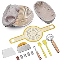 Sourdough Bread Baking Set, 10 Inch Oval & 9 Inch Round Banneton Bread Proofing Baskets with Linen Liner, Silicone Bread Sling, Danish Dough Whisk, Dough Scraper Kit, Silicone Brush & Silicone Spatula