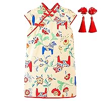 Chinese Qipao Dress Little Girls Short Sleeve Zipper Casual Summer Princess Cheongsam Dresses with Fringed Hairpin