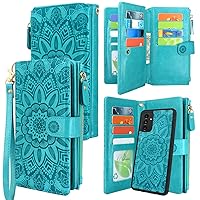 Harryshell Compatible with Samsung Galaxy A13 5G Wallet Case Detachable Magnet Removable Phone Cover Zipper Cash Money Pocket with Multi Card Slots Holder Wrist Strap Floral Flower (Blue Green)