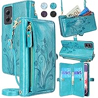 Lacass for Motorola Moto G Power 5G 2024 Case Wallet, [Cards Theft Scan Protection] Card Holder Zipper Leather Flip Cover Crossbody Wrist Strap with Stand (Floral Blue Green)