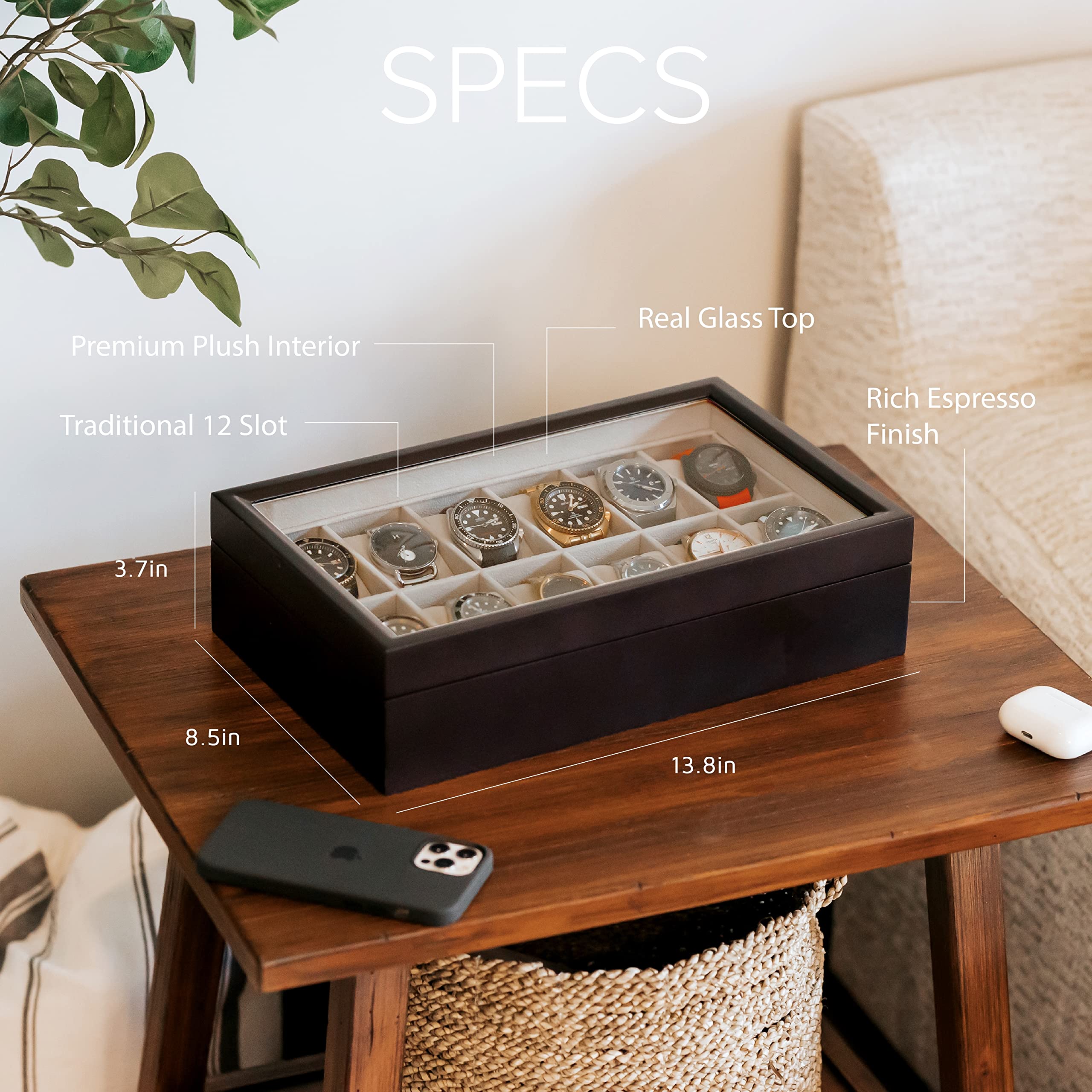 CASE ELEGANCE Solid Espresso Wood Watch Box Organizer with Glass Display Top 12 slot (Espresso)