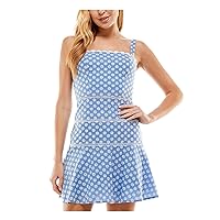 Womens Blue Zippered Embroidered Ladder Insets Lined Eyelet Floral Sleeveless Square Neck Short Fit + Flare Dress Juniors 3