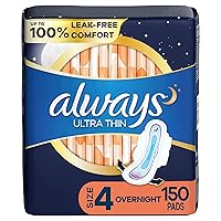 Ultra Thin Feminine Pads For Women, Size 4 Overnight Absorbency, With Wings, Unscented, 50 Count x 3 (150 Count Total)