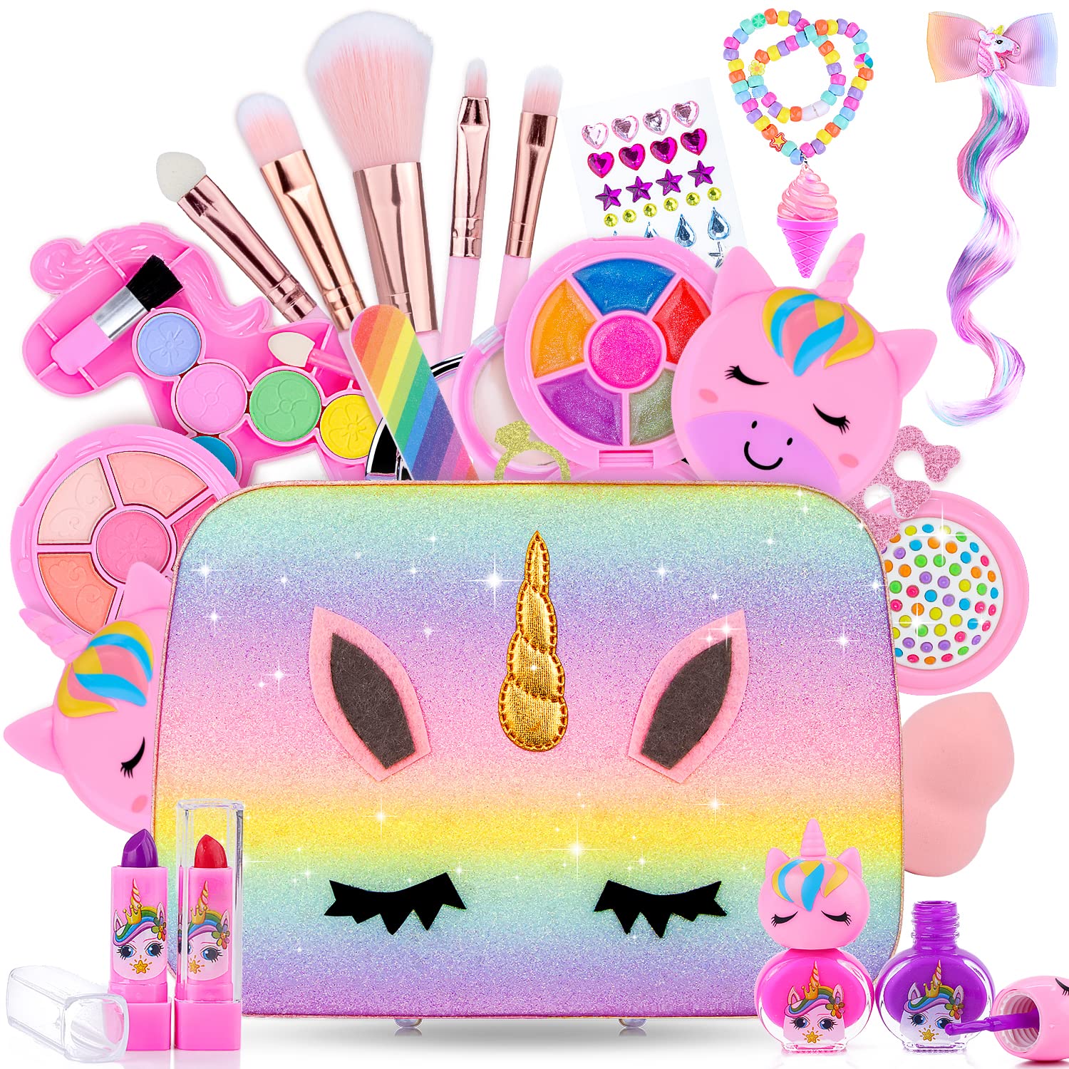 MagicToiee Brithday Gifts Unicorn Makeup Kit for Kids, Washable Cosmetic Set as Princess Birthday Gift Toy with Bag, Children Cosmetic Beauty Set for Girls Age 4 5 6 7 8 9 10 Year Old
