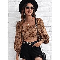 Women's Tops Sexy Tops for Women Shirts Lantern Sleeve Shirred Back Dalmatian Print Crop Top Shirts for Women (Color : Multicolor, Size : X-Small)