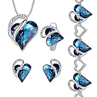 Leafael Infinity Love Heart Necklace, Stud Earrings, Bracelet, and Ring Set, September Birthstone Crystal Jewelry, Silver Tone Gifts for Women, Bermuda Sapphire Blue