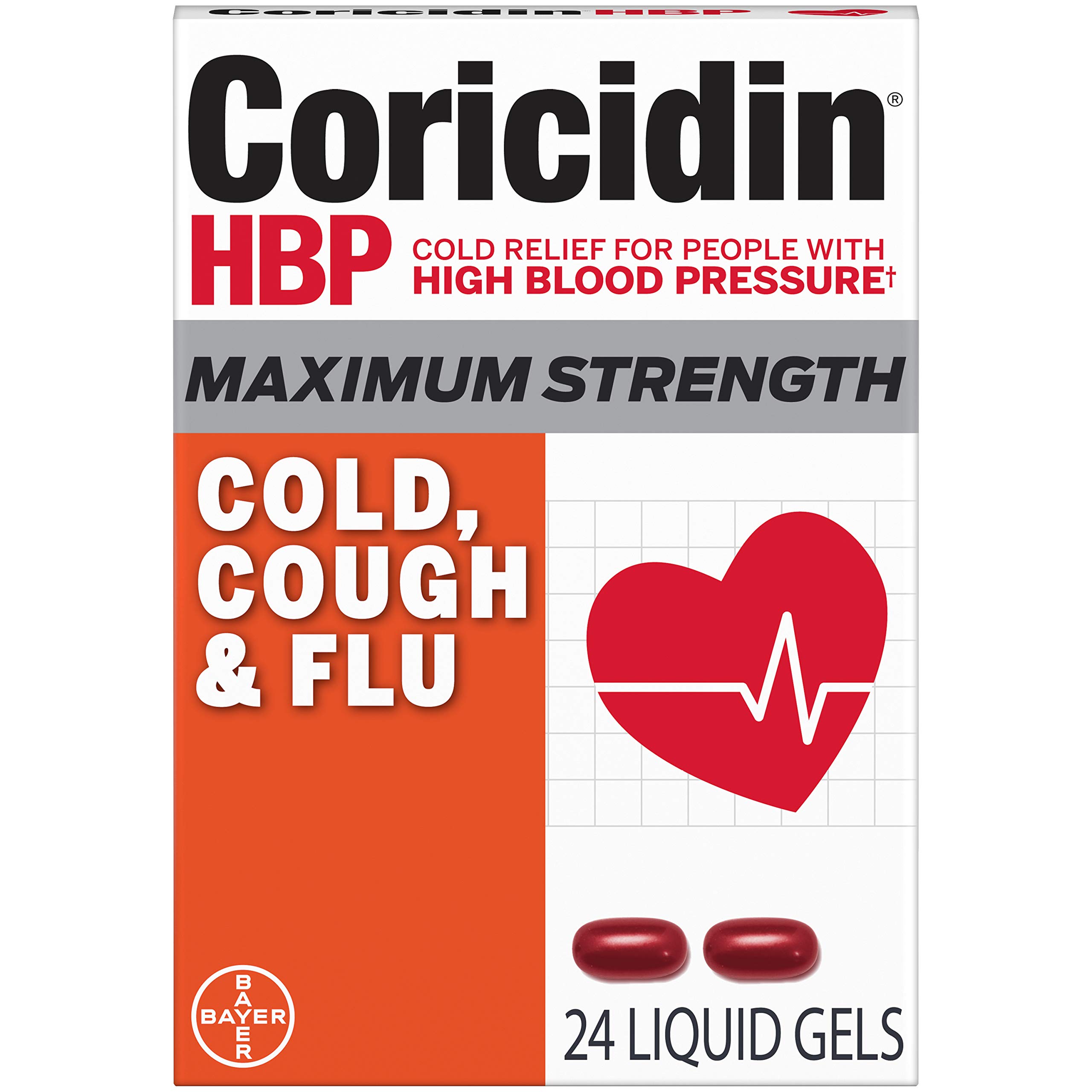 Coricidin Hbp, Decongestant-free Maximum Strength Cold, Cough & Flu Liquid Gels, 24 Count