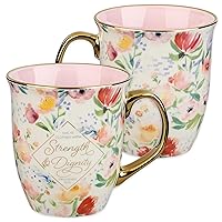 Christian Art Gifts Ceramic Scripture Coffee & Tea Mug 14 oz Large Inspirational Bible Verse Mug for Women: Strength & Dignity- Prov. 31:25 Pink and Multicolored Floral Mug with Gold Accents