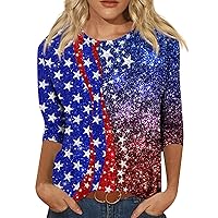4Th of July Flags Petite Tops for Women 3/4 Sleeve American Flag Tshirt Patriotic Tee Independence Festival Outfits