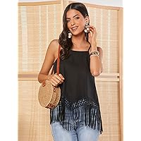 Women's Tops Sexy Tops for Women Women's Shirts Fringe Hem Solid Tank Top (Color : Black, Size : Large)