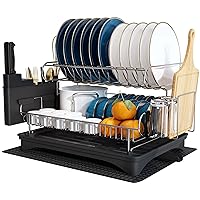 Dish Drying Rack and Drainboard Set, 304 Stainless Steel Large 2 Tier Dish Rack with Auto-draining Tray and Drying Mat for Kitchen Counter Dish Drainers with Utensil Holder, Cutting Board Holder