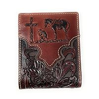 Western Men's Genuine Leather Floral Tooled Laser Cut Praying Cowboy Wallet in 9 colors (Brown/Coffee)