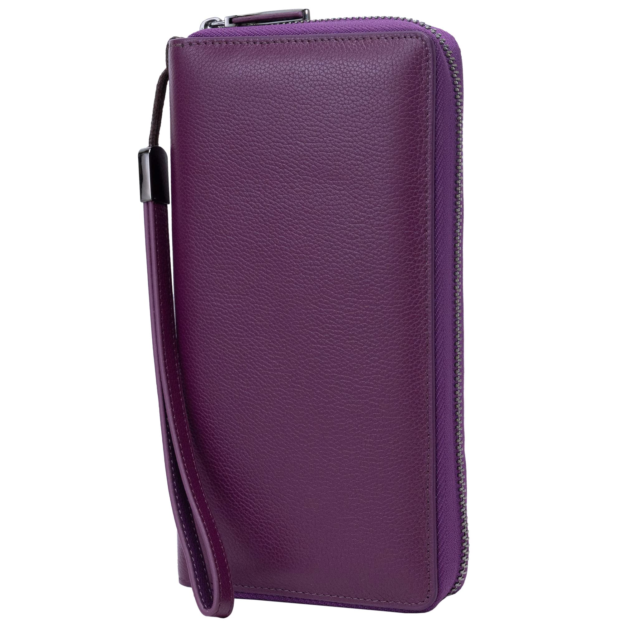 Bveyzi Women RFID Blocking Wallet Leather Zip Around Phone Clutch Large Capacity Ladies Travel Purse Wristlet (Purple)