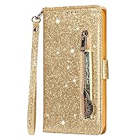Wallet Case Compatible with Samsung A42 5G, Zipper Glitter PU Leather Phone Cover with Lanyard for Galaxy A42 5G (Gold)
