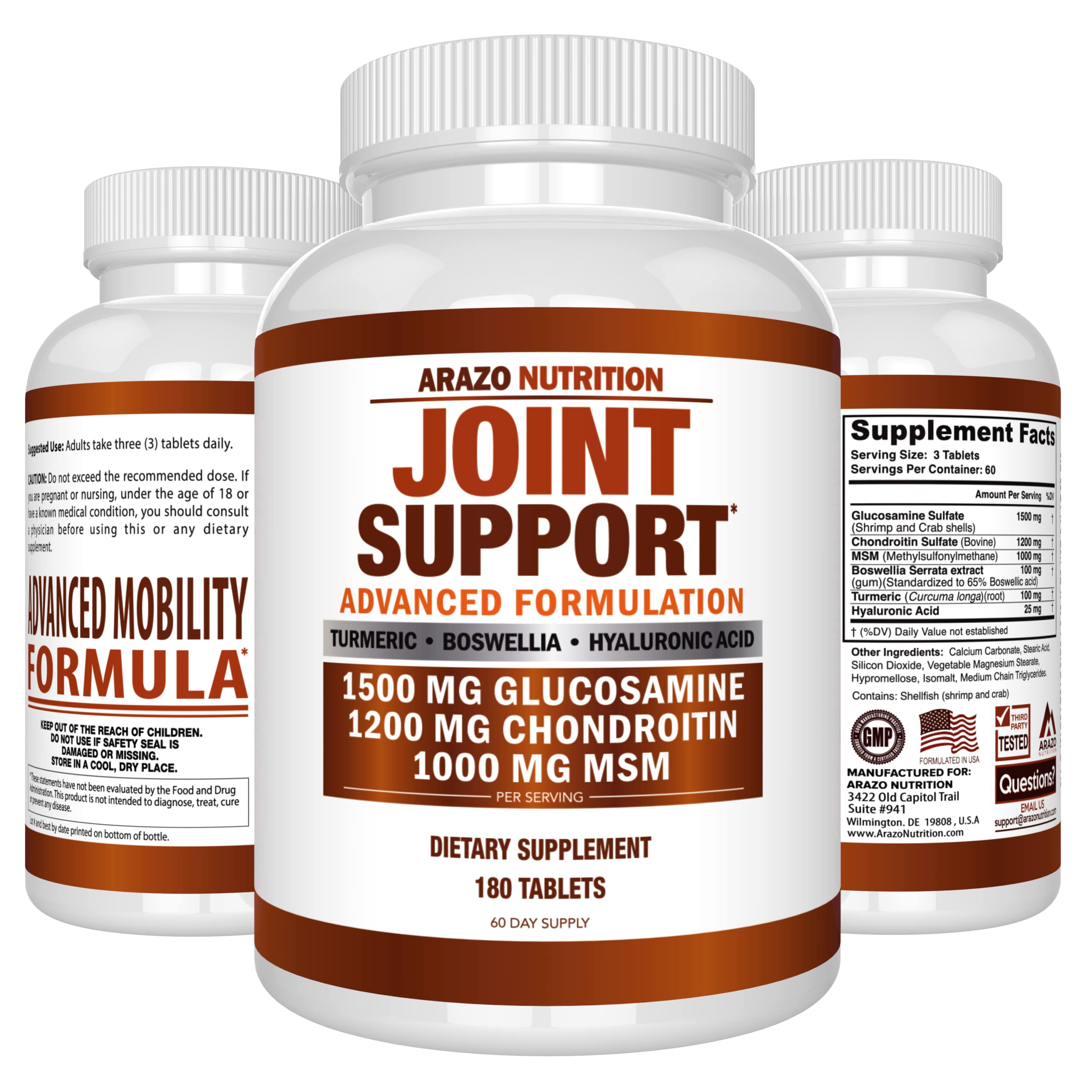 Glucosamine Chondroitin Turmeric Msm Boswellia - Joint Support Supplement for Relief 180 Tablets - Arazo Nutrition