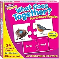 Trend Enterprises: Fun-to-Know Puzzles: What Goes Together?, Learn Related Objects & Their Words, 24 Two-Sided Puzzles, Self-Checking, 48 Puzzles Total, for Ages 3 and Up