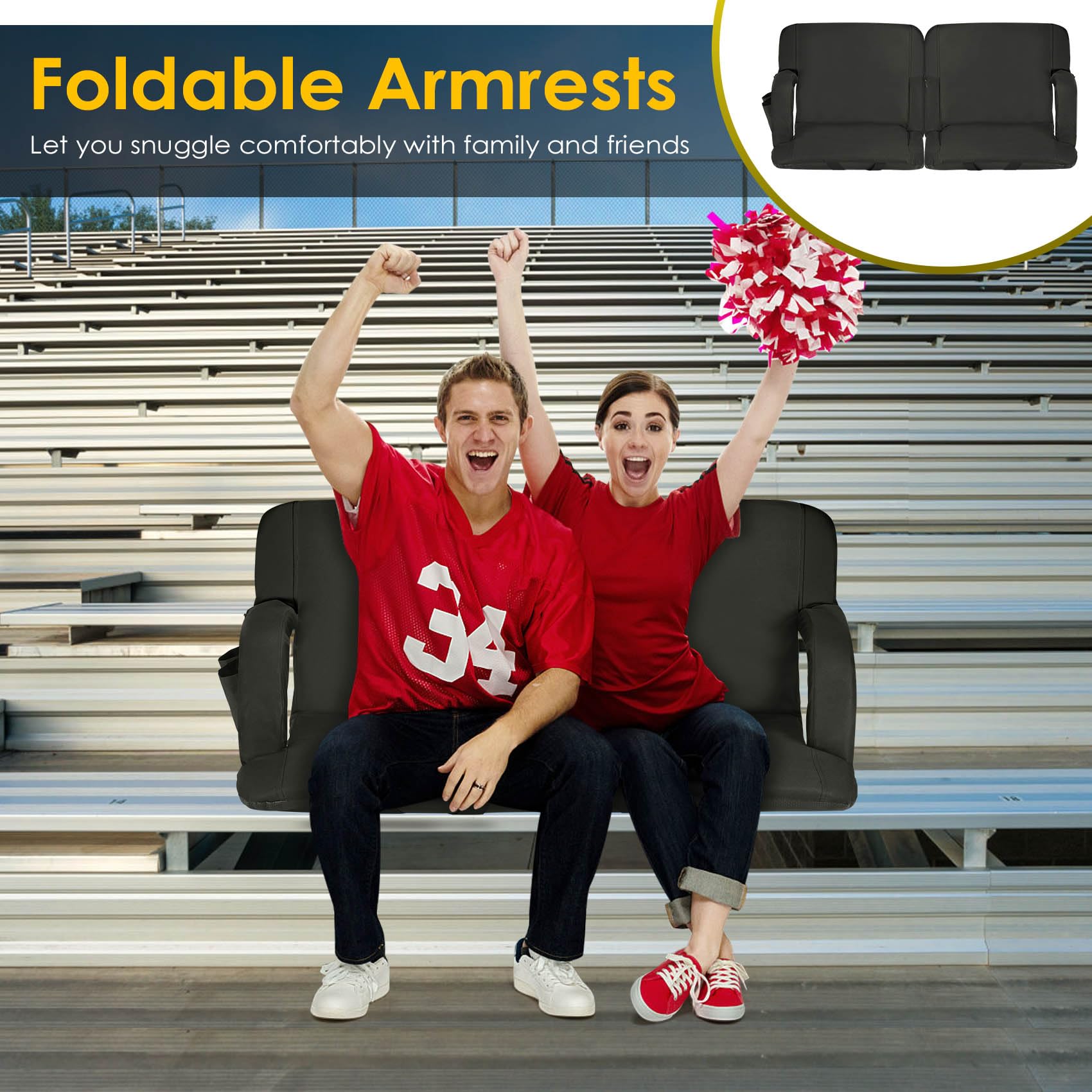 HOPERAN Stadium Seats for Bleachers with Back Support, Half-fold Portable Bleacher Chairs with Back and Cushion, 600D Waterproof Reclining Extra Wide Bleacher Seat for Outdoor Sports