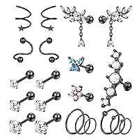Cartilage Helix Tragus Conch Piercing Jewelry 20G 16G Stainless Steel CZ Butterfly Flower Curved Spiral Cartilage Earring Set for Women Men Hoop Stud Ear Piercing Jewelry