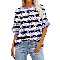 Plus Size Spring Fashion Ladies Short Sleeve Tops Sexy Western Tops for Women Women Summer Shirt Beachy Tops Rround Neck Short Sleeved T-Shirt Tunic Top Blouse Dark Purple X-Large