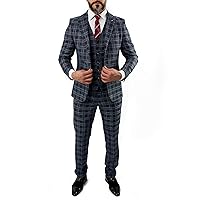 Owen Mens Slim Fit 3 Piece Blue Checkred Suits Single Breasted