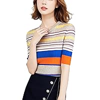 Women's Lightweight Sweater Short Sleeve Round Neck Striped Knit Casual Pullover Tops