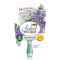 BIC Soleil Escape Women's Disposable Razors, 3 Blade Razor, Moisture Strip With 100% Natural Almond Oil, Lavender and Eucalyptus Scented Handles, 4 Pack Disposable Razors For Women Green