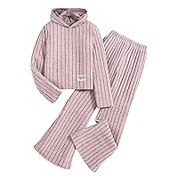 COZYEASE Girl's 2 Piece Outfits Ribbed Knit Long Sleeve Hoodies Pullover Tops and Fitted Flare Leg Pants Set