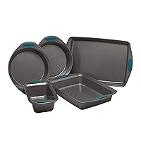 Rachael Ray Nonstick Bakeware Set with Grips includes Nonstick Baking Pans, Baking Sheet and Nonstick Bread Pan - 5 Piece, Gray with Marine Blue Handles