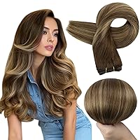 Full Shine Weft Hair Extensions Sew In Human Hair For Thin Hair Balayage Hair Extensions Sew In Real Hair For Women Color Medium Brown To Honey Blonde Mix Brown Hair Weft Extensions 105G 18 Inch